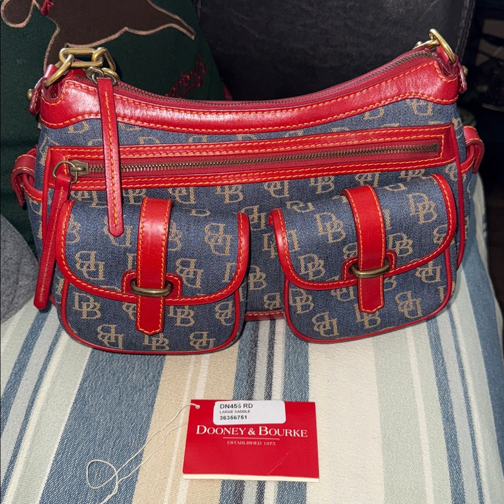 Dooney & Bourke Red and Blue Shoulder Large Saddle Bag